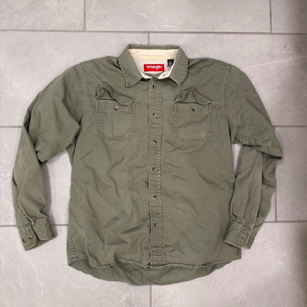 Wrangler Mens Large Olive Green Cotton Twill Long Sleeve Button Down Work Shirt